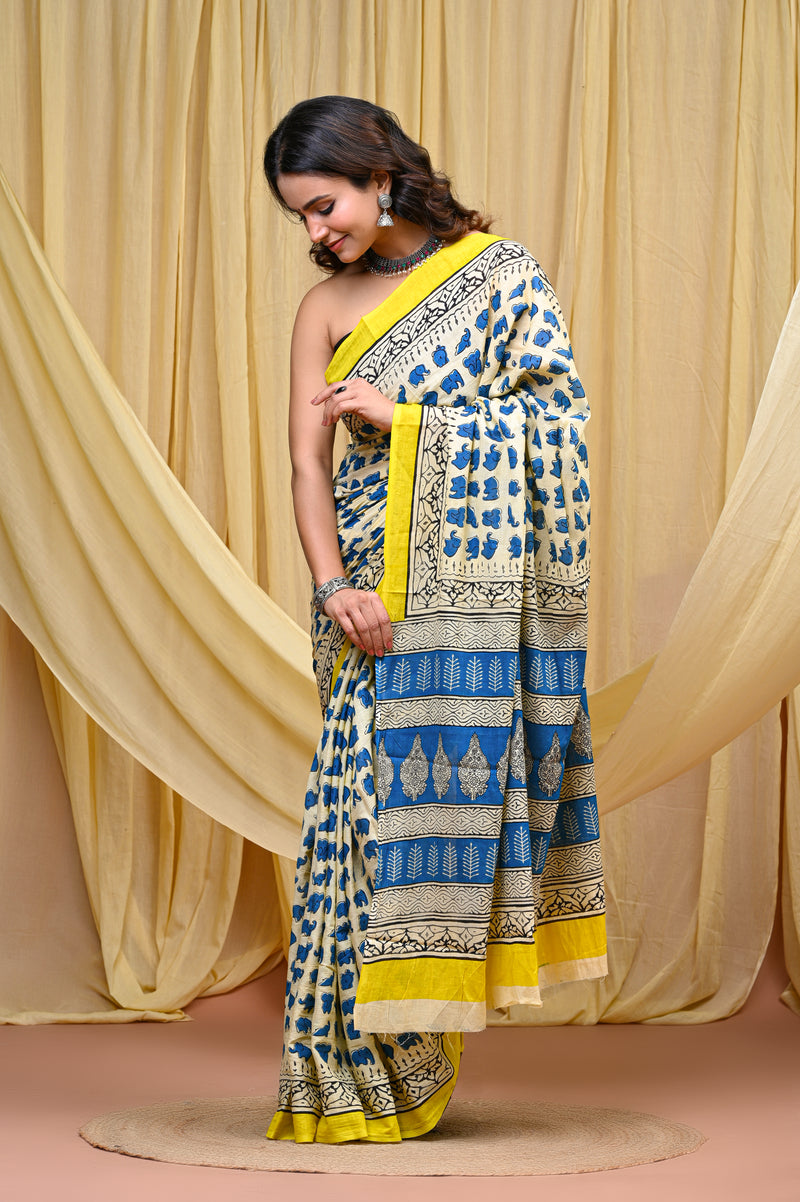 Women's Blue&Yellow Elephant Motif Pure Cotton Mulmul Saree - Drape View