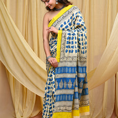 Women's Blue&Yellow Elephant Motif Pure Cotton Mulmul Saree - Drape View