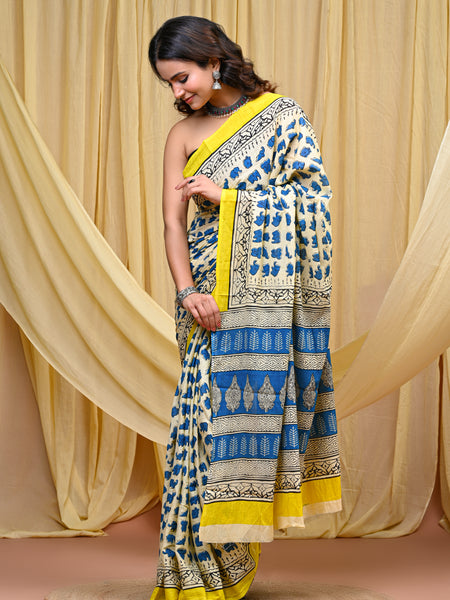 Women's Blue&Yellow Elephant Motif Pure Cotton Mulmul Saree - Drape View