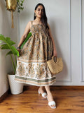 Women Beige Cream Paisley Printed Smocked Cotton Midi Dress