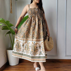 Women Beige Cream Paisley Printed Smocked Cotton Midi Dress - Side / Back View