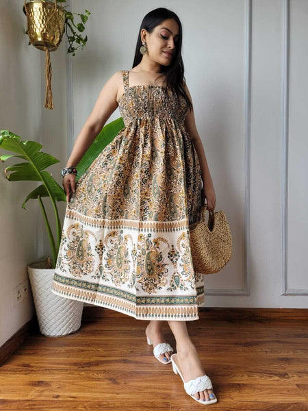 Women Beige Cream Paisley Printed Smocked Cotton Midi Dress - Side / Back View