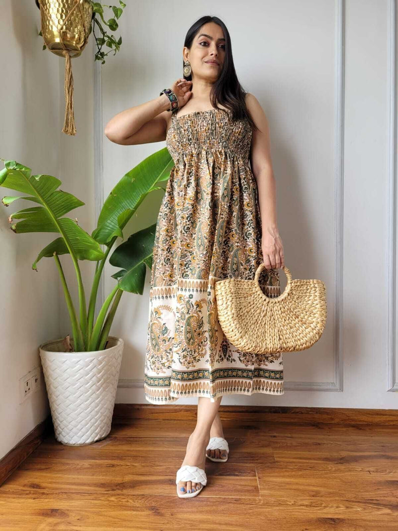 Women Beige Cream Paisley Printed Smocked Cotton Midi Dress - Bodice & Fabric Detail View