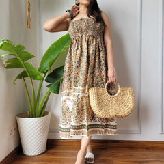 Women Beige Cream Paisley Printed Smocked Cotton Midi Dress - Bodice & Fabric Detail View