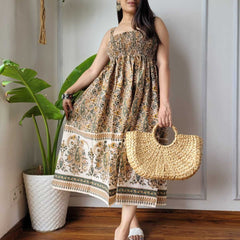 Women Beige Cream Paisley Printed Smocked Cotton Midi Dress - Flowy Flare View