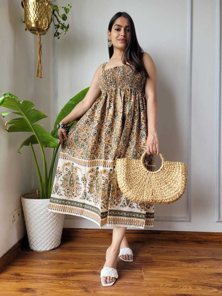 Women Beige Cream Paisley Printed Smocked Cotton Midi Dress - Flowy Flare View