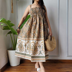 Women Beige Cream Paisley Printed Smocked Cotton Midi Dress - Full Length View