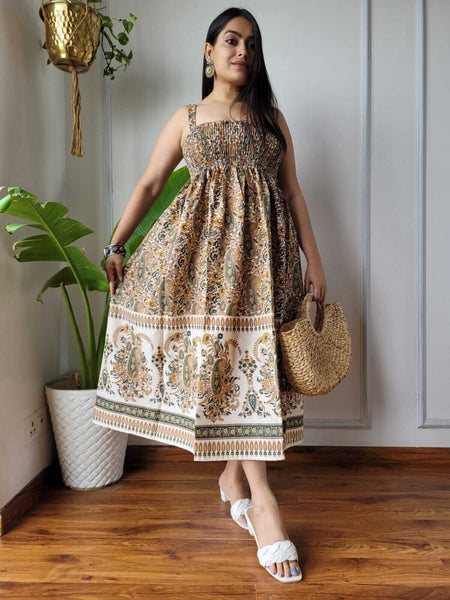 Women Beige Cream Paisley Printed Smocked Cotton Midi Dress - Full Length View