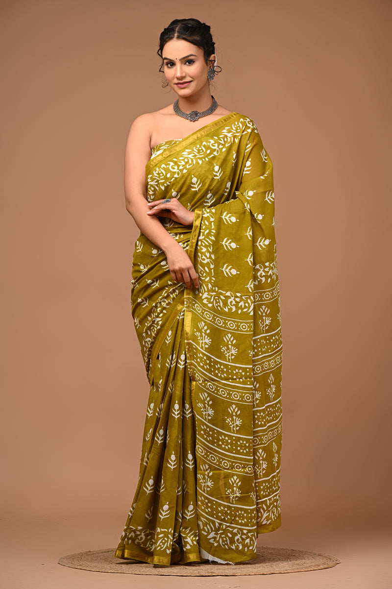 Lovwear Aarohi Premium Cotton MulMul Saree with Rich Zari Border - Front View
