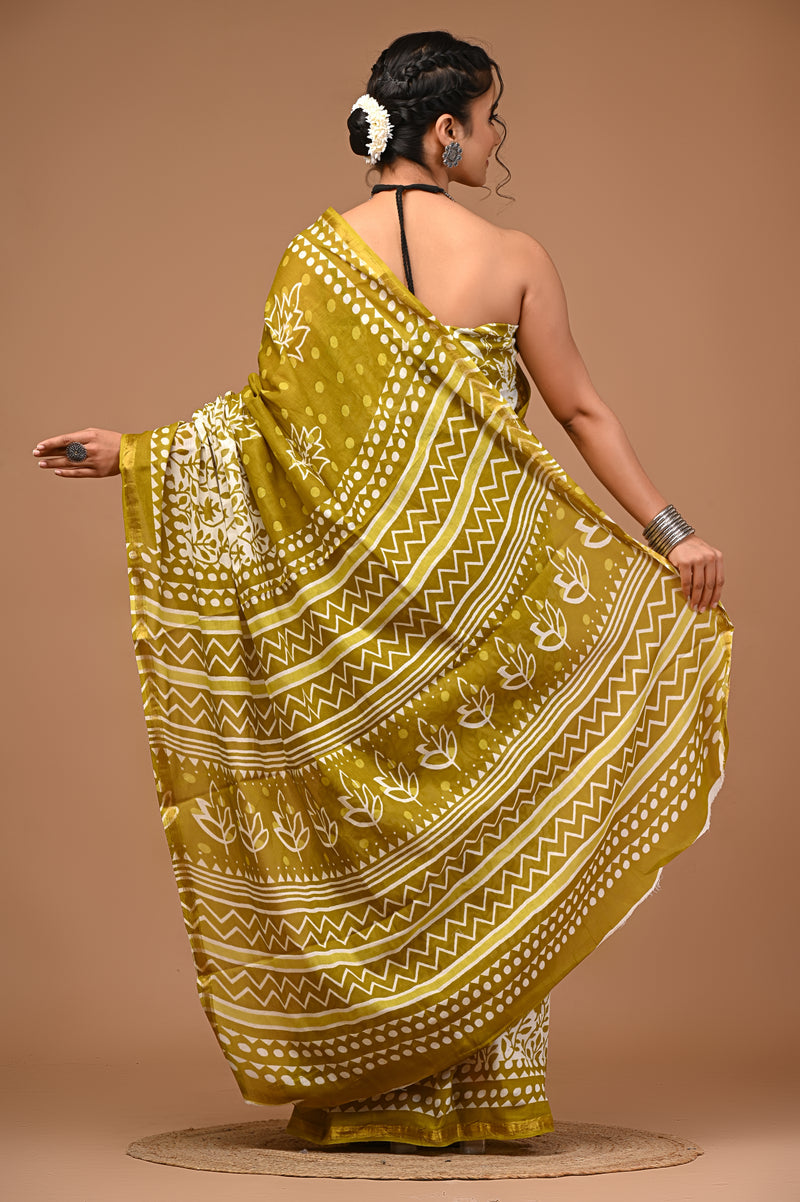 Lovwear Myra Cotton MulMul Saree with Elegant Zari Border - Front View