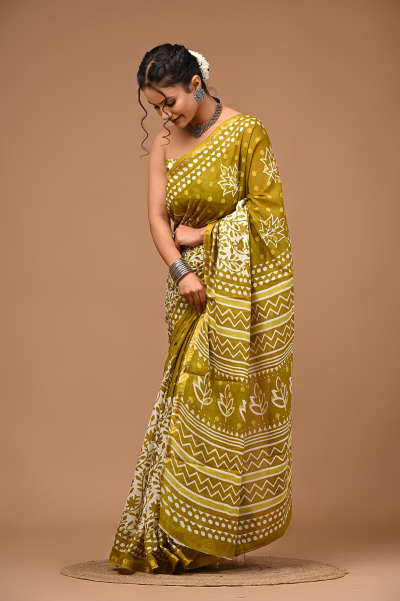 Lovwear Myra Cotton MulMul Saree with Elegant Zari Border - Pleats & Full Length View