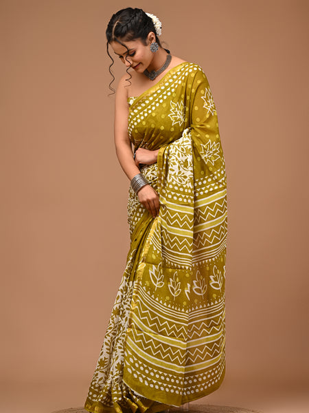 Lovwear Myra Cotton MulMul Saree with Elegant Zari Border - Pleats & Full Length View