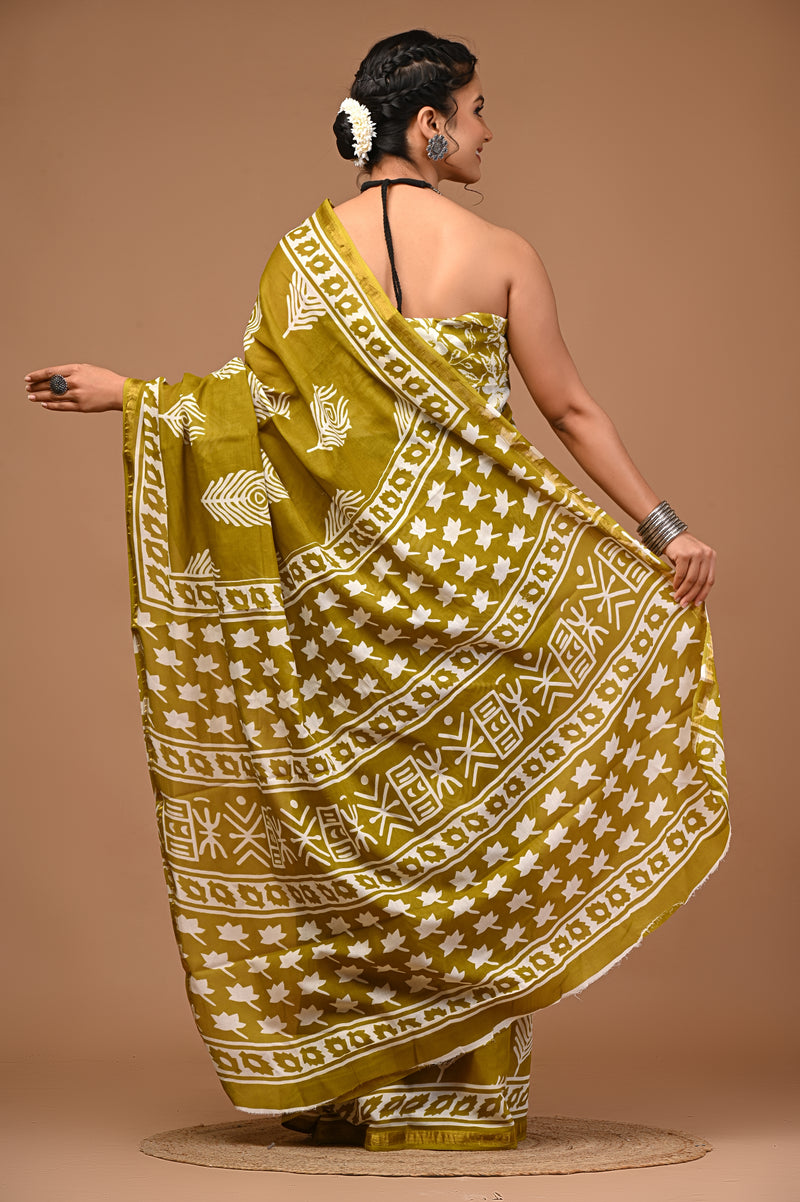 Lovwear Avni Pure Cotton MulMul Saree with Rich Zari Border - Front View