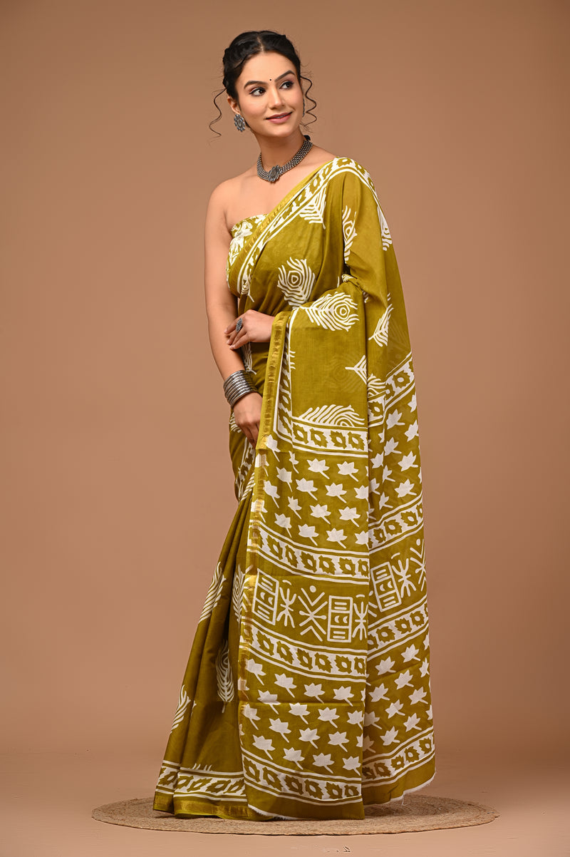 Lovwear Avni Pure Cotton MulMul Saree with Rich Zari Border - Pleats & Full Length View
