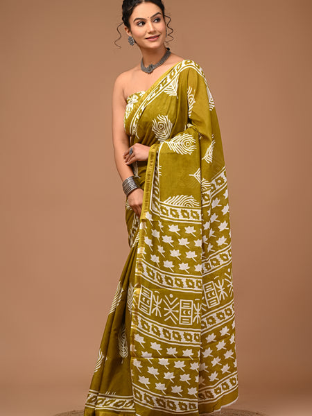 Lovwear Avni Pure Cotton MulMul Saree with Rich Zari Border - Pleats & Full Length View