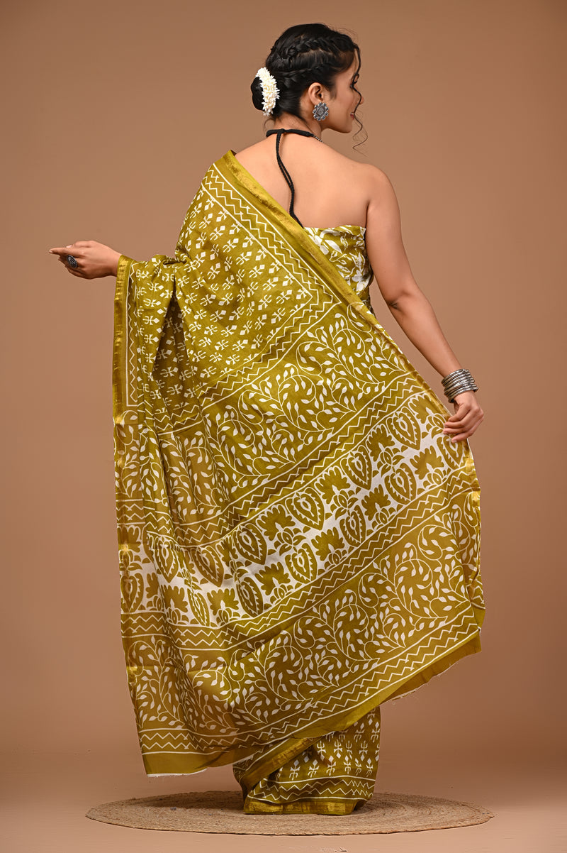 Lovwear Kiara Premium Hand Block Print Cotton MulMul Saree with Zari Border - Front View