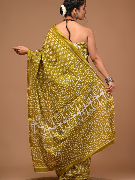 Lovwear Kiara Premium Hand Block Print Cotton MulMul Saree with Zari Border - Front View