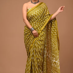Lovwear Kiara Premium Hand Block Print Cotton MulMul Saree with Zari Border - Pallu & Border Detail View