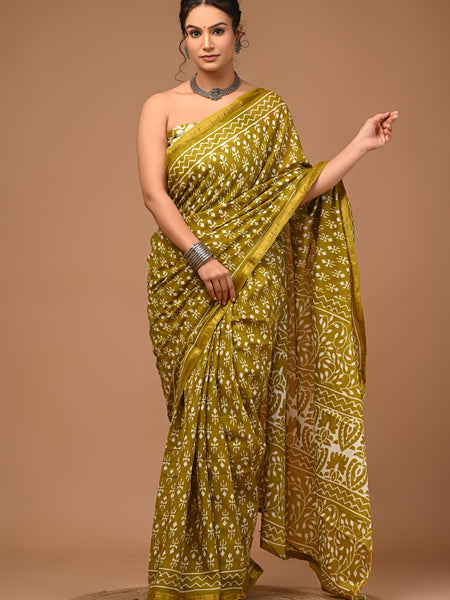 Lovwear Kiara Premium Hand Block Print Cotton MulMul Saree with Zari Border - Pallu & Border Detail View