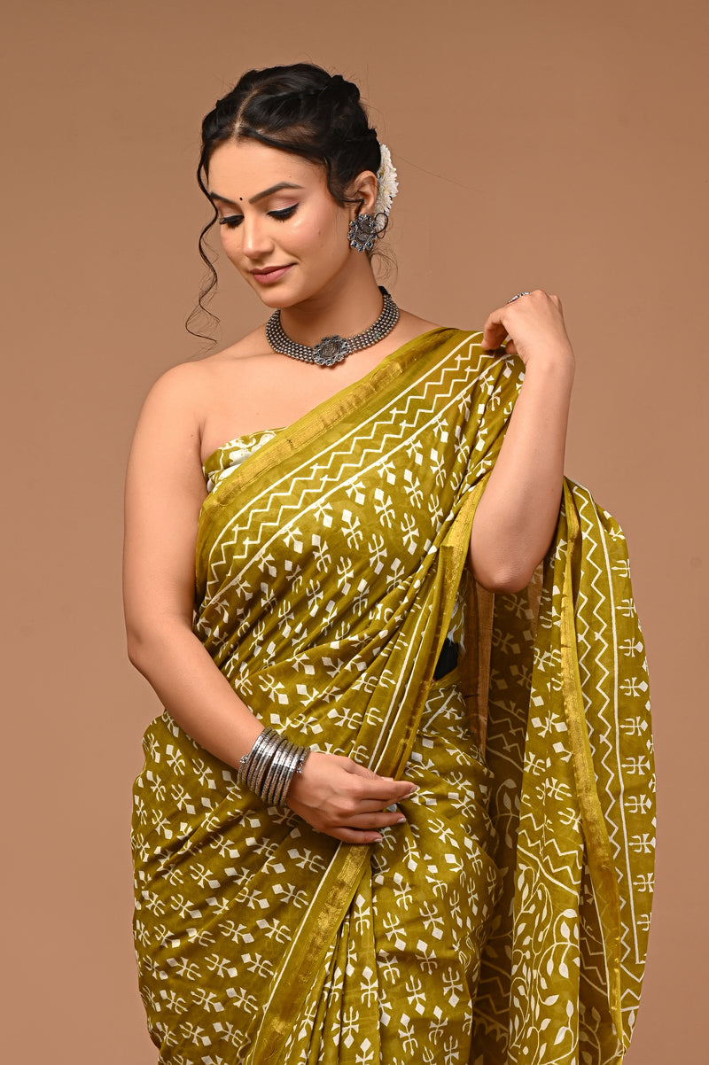 Lovwear Kiara Premium Hand Block Print Cotton MulMul Saree with Zari Border - Fabric Texture View