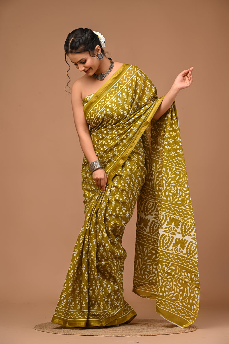 Lovwear Kiara Premium Hand Block Print Cotton MulMul Saree with Zari Border - Pleats & Full Length View