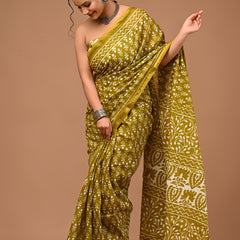 Lovwear Kiara Premium Hand Block Print Cotton MulMul Saree with Zari Border - Pleats & Full Length View