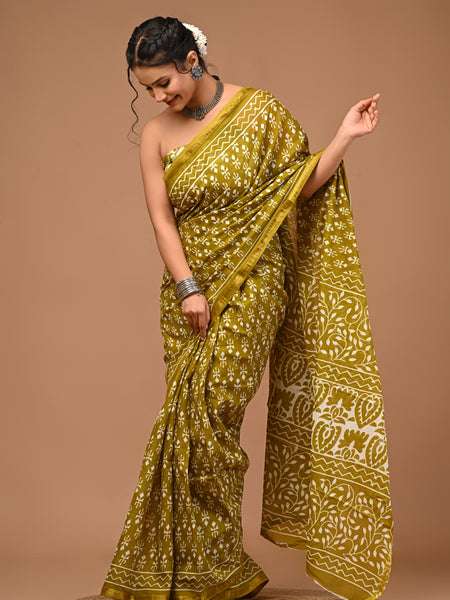 Lovwear Kiara Premium Hand Block Print Cotton MulMul Saree with Zari Border - Pleats & Full Length View