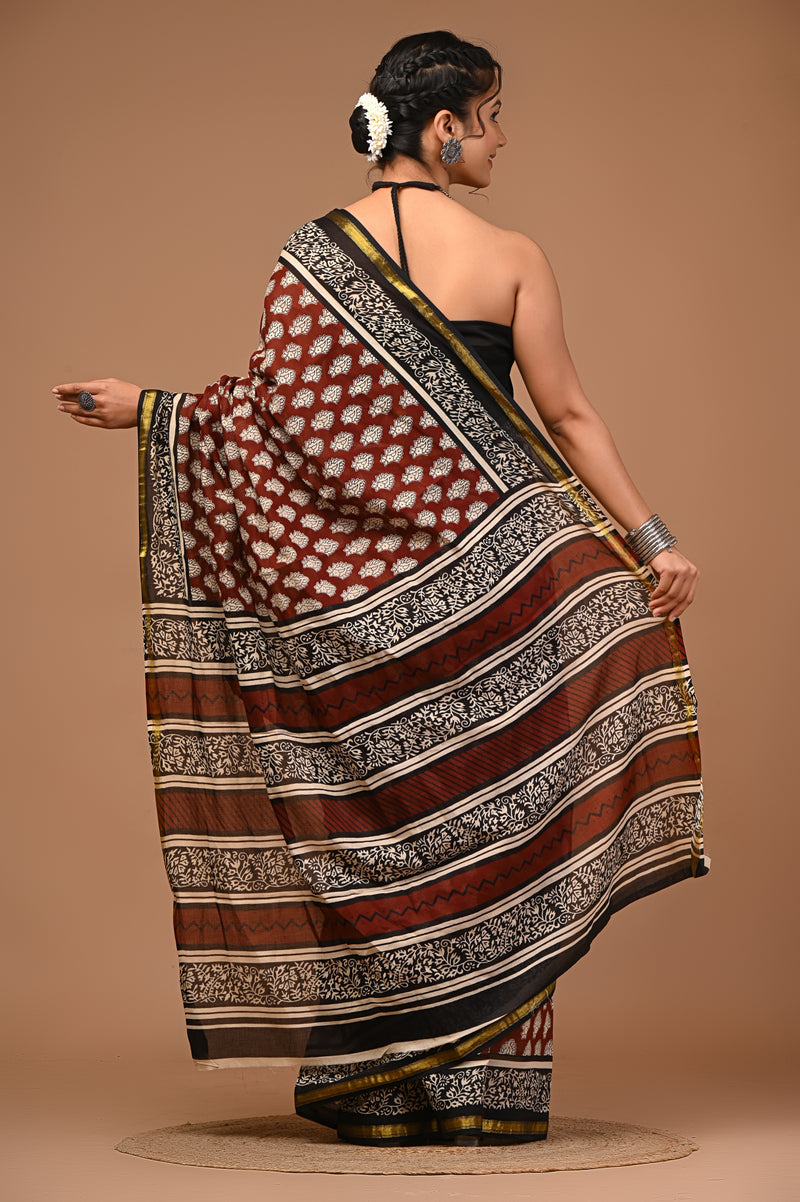 Lovwear Anvika Coffee Brown Cotton MulMul Saree with Elegant Zari Border - Front View