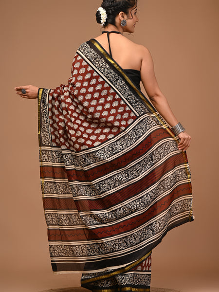 Lovwear Anvika Coffee Brown Cotton MulMul Saree with Elegant Zari Border - Front View