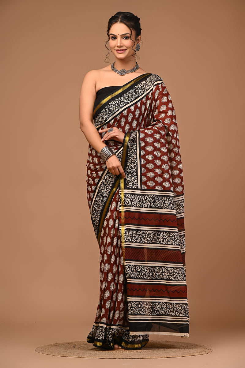 Lovwear Anvika Coffee Brown Cotton MulMul Saree with Elegant Zari Border - Pallu & Border Detail View