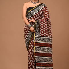 Lovwear Anvika Coffee Brown Cotton MulMul Saree with Elegant Zari Border - Pallu & Border Detail View