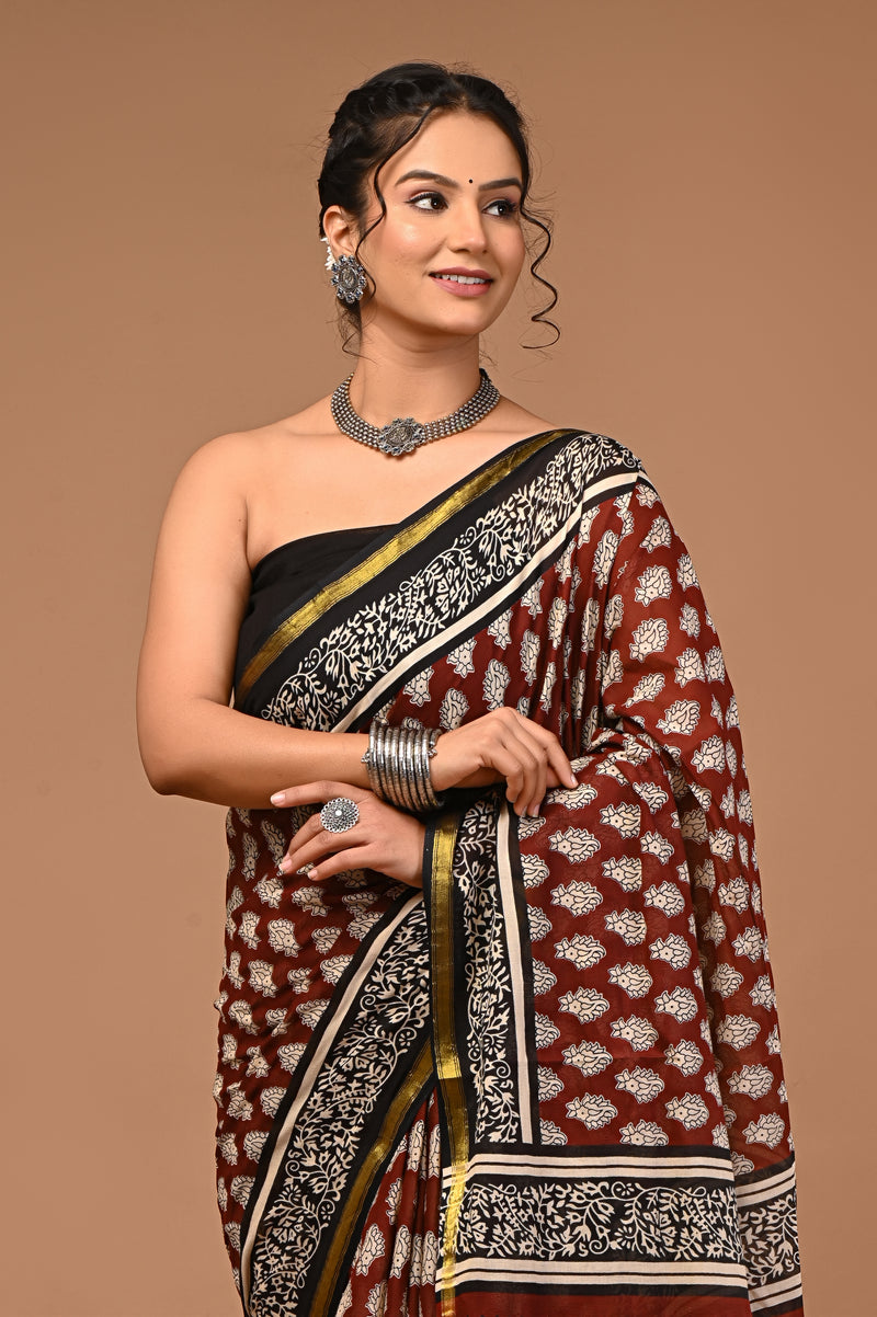 Lovwear Anvika Coffee Brown Cotton MulMul Saree with Elegant Zari Border - Fabric Texture View