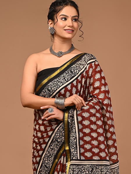 Lovwear Anvika Coffee Brown Cotton MulMul Saree with Elegant Zari Border - Fabric Texture View