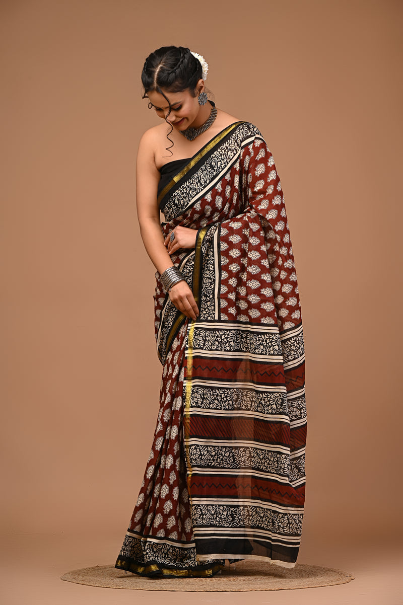 Lovwear Anvika Coffee Brown Cotton MulMul Saree with Elegant Zari Border - Pleats & Full Length View