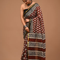 Lovwear Anvika Coffee Brown Cotton MulMul Saree with Elegant Zari Border - Pleats & Full Length View