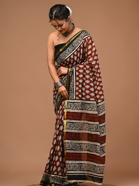 Lovwear Anvika Coffee Brown Cotton MulMul Saree with Elegant Zari Border - Pleats & Full Length View