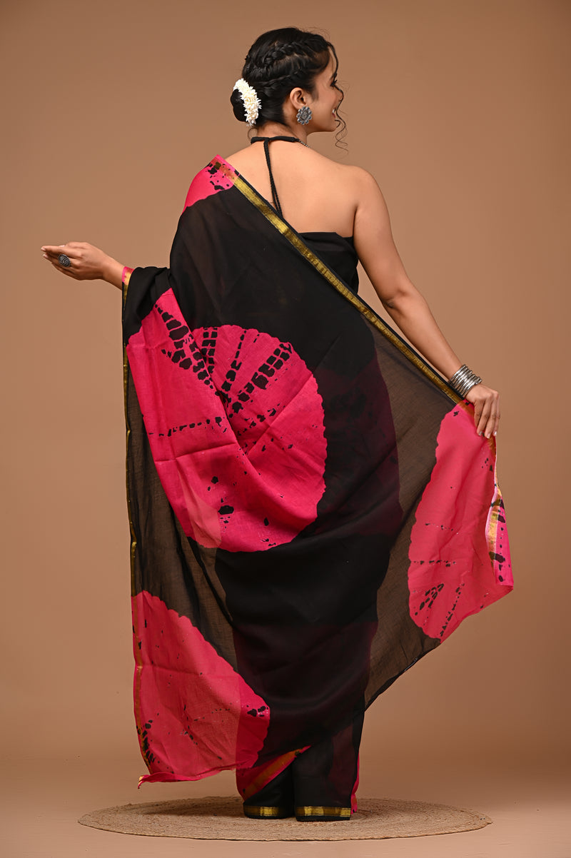 Lovwear Siya Black & Rani Pink Cotton Mulmul Saree with Elegant Zari Border - Front View