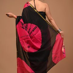 Lovwear Siya Black & Rani Pink Cotton Mulmul Saree with Elegant Zari Border - Front View
