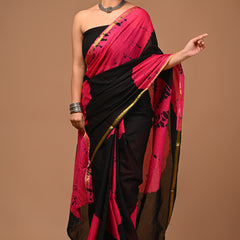 Lovwear Siya Black & Rani Pink Cotton Mulmul Saree with Elegant Zari Border - Pallu & Border Detail View
