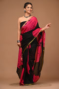 Lovwear Siya Black & Rani Pink Cotton Mulmul Saree with Elegant Zari Border