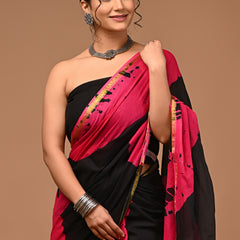 Lovwear Siya Black & Rani Pink Cotton Mulmul Saree with Elegant Zari Border - Fabric Texture View