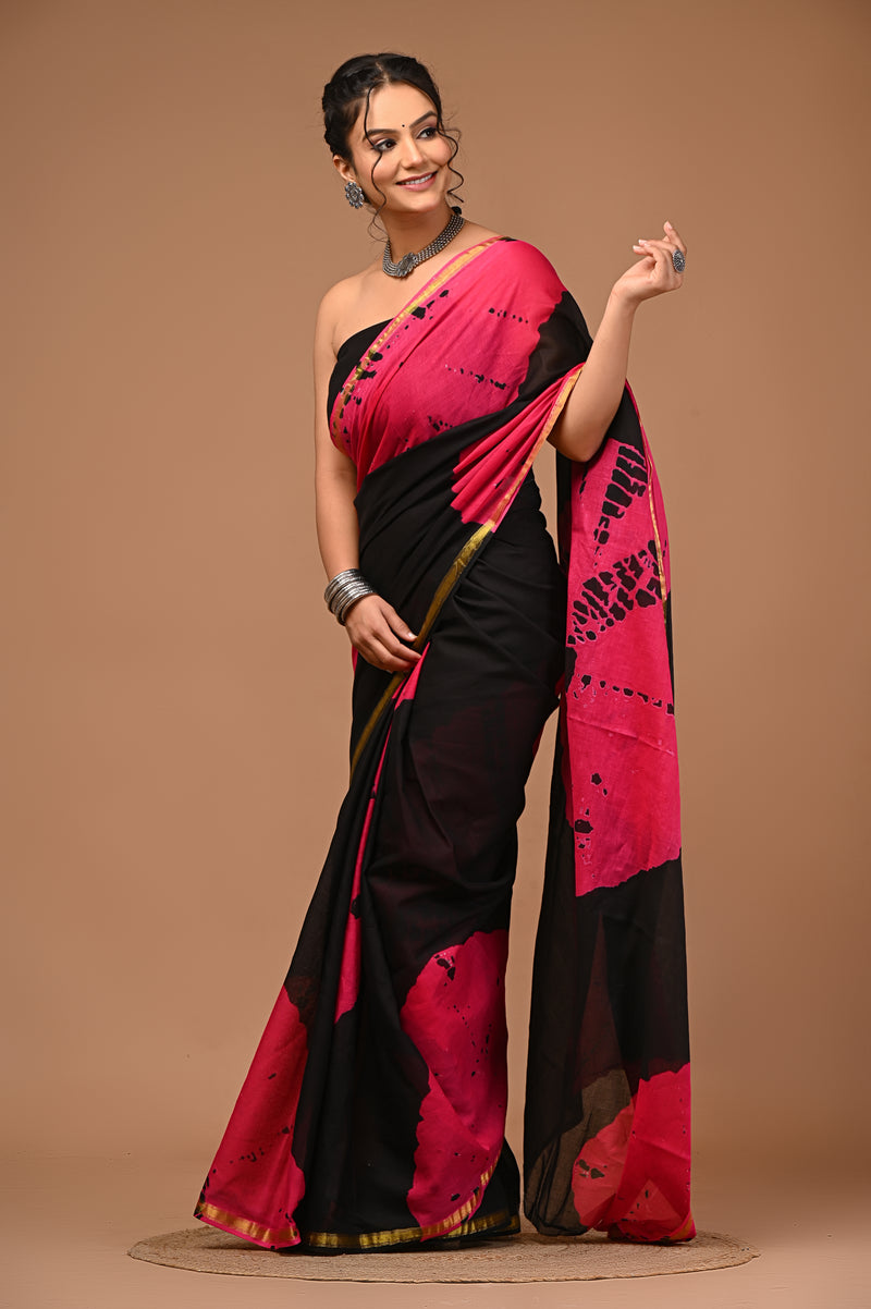 Lovwear Siya Black & Rani Pink Cotton Mulmul Saree with Elegant Zari Border - Pleats & Full Length View