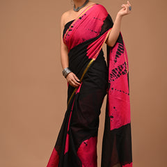 Lovwear Siya Black & Rani Pink Cotton Mulmul Saree with Elegant Zari Border - Pleats & Full Length View
