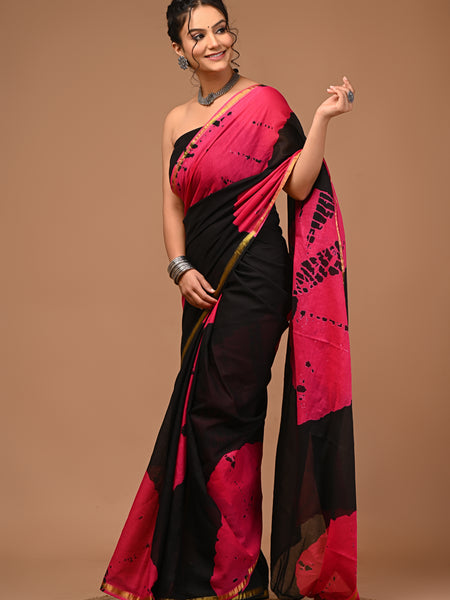 Lovwear Siya Black & Rani Pink Cotton Mulmul Saree with Elegant Zari Border - Pleats & Full Length View