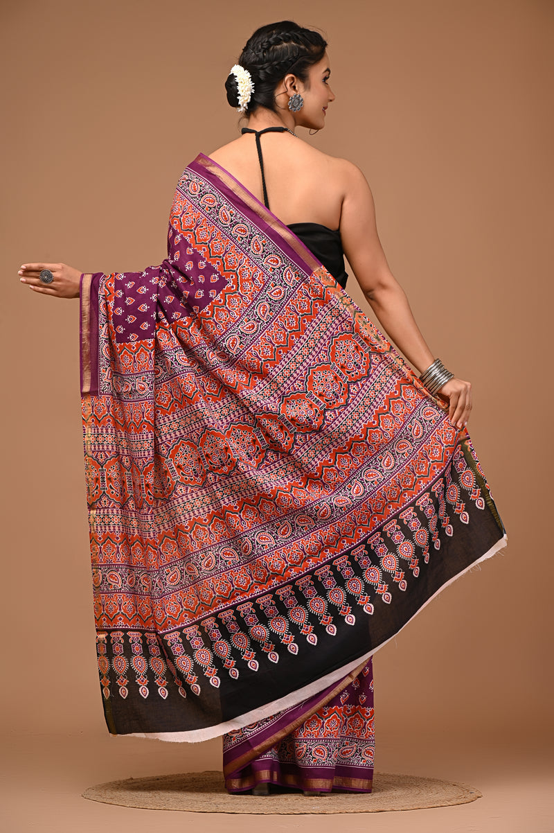 Lovwear Aadhya Purple & Rust Orange Cotton Mulmul Saree with Designer Zari Bo... - Front View