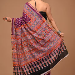 Lovwear Aadhya Purple & Rust Orange Cotton Mulmul Saree with Designer Zari Bo... - Front View