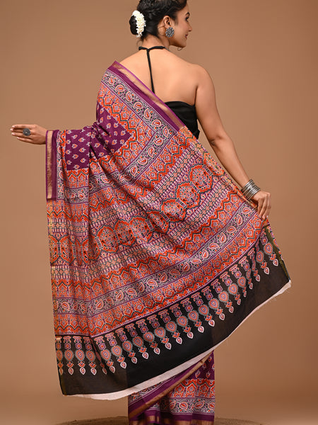 Lovwear Aadhya Purple & Rust Orange Cotton Mulmul Saree with Designer Zari Bo... - Front View