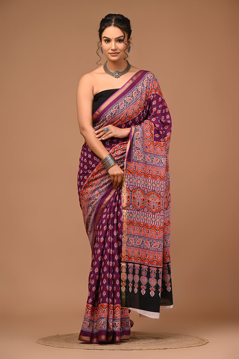 Lovwear Aadhya Purple & Rust Orange Cotton Mulmul Saree with Designer Zari Bo... - Pallu & Border Detail View