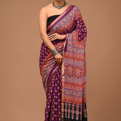 Lovwear Aadhya Purple & Rust Orange Cotton Mulmul Saree with Designer Zari Bo... - Pallu & Border Detail View