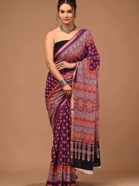 Lovwear Aadhya Purple & Rust Orange Cotton Mulmul Saree with Designer Zari Bo... - Pallu & Border Detail View
